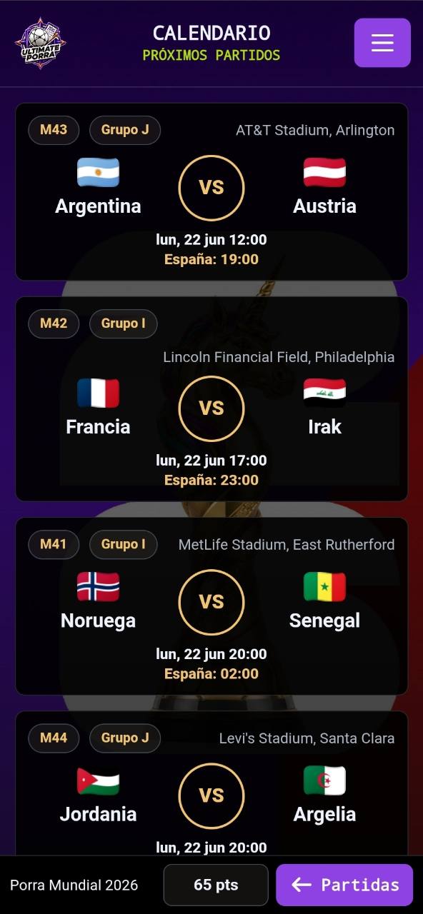 Calendario de próximos partidos en Ultimate Porra