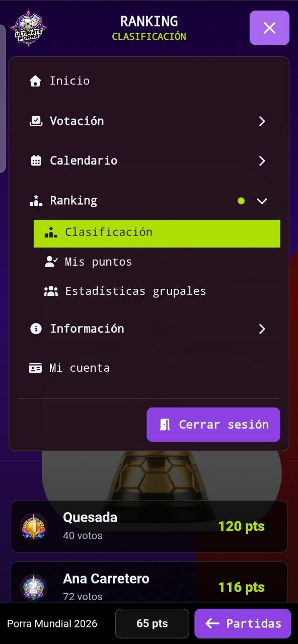 Menú de navegación móvil en Ultimate Porra