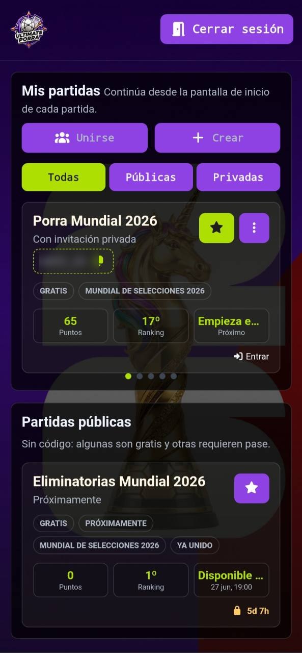 Vista de mis partidas en Ultimate Porra